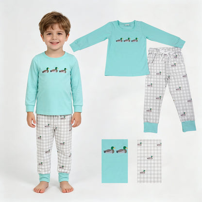 Long sleeves duck embroidery plaid pants kids boys outfits