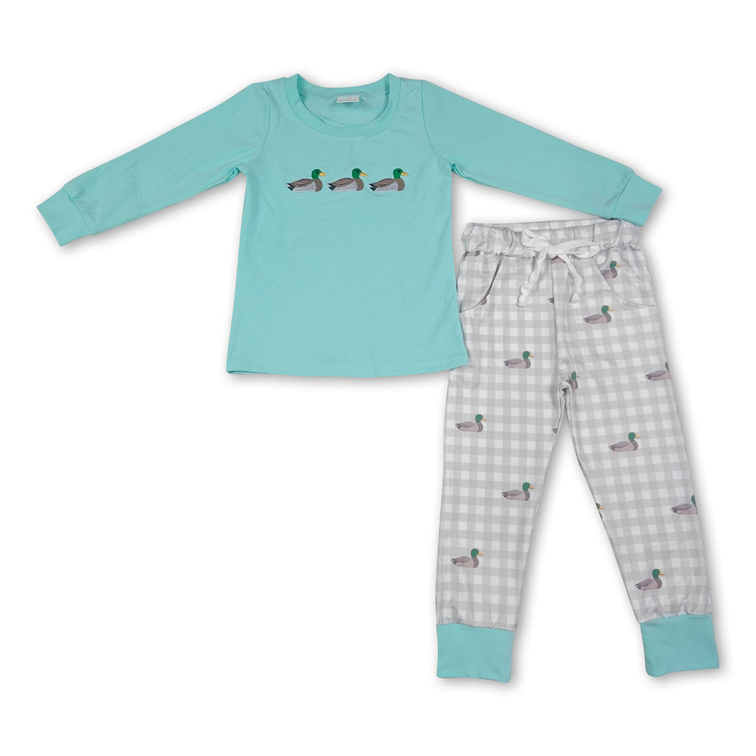 Kids boys long sleeve plaid pants and duck embroidery top set by Mini Rodeo, comfortable pajamas for boys.