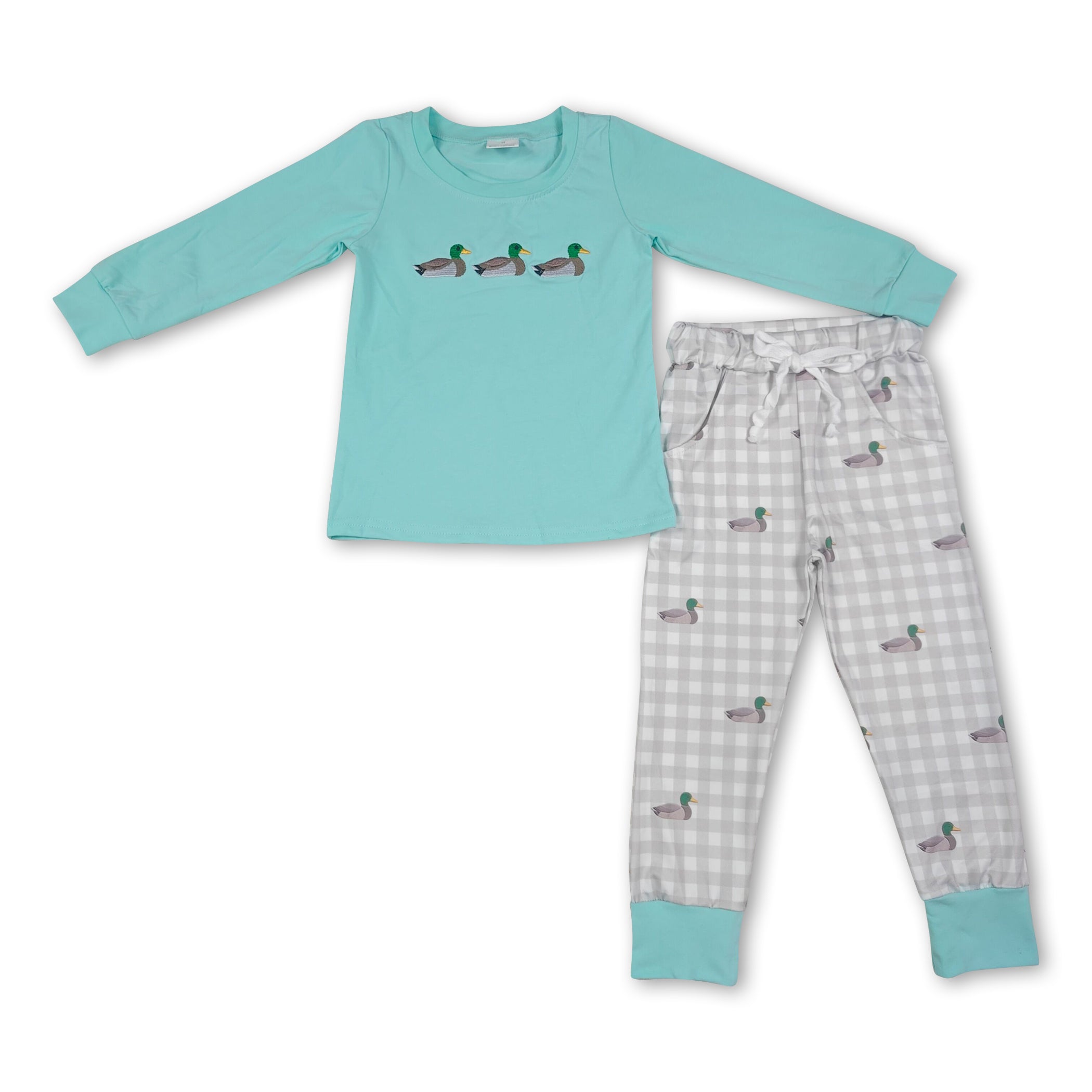 Long sleeves duck embroidery plaid pants kids boys outfits
