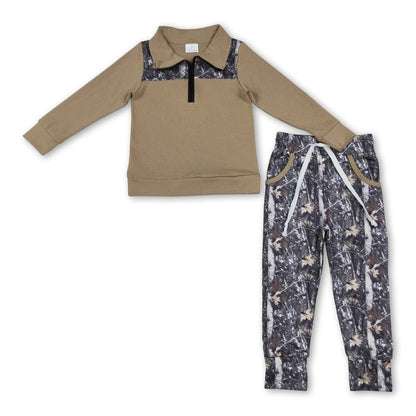 Long sleeves zipper pullover leaves pants boys outfits