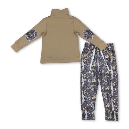 Long sleeves zipper pullover leaves pants boys outfits