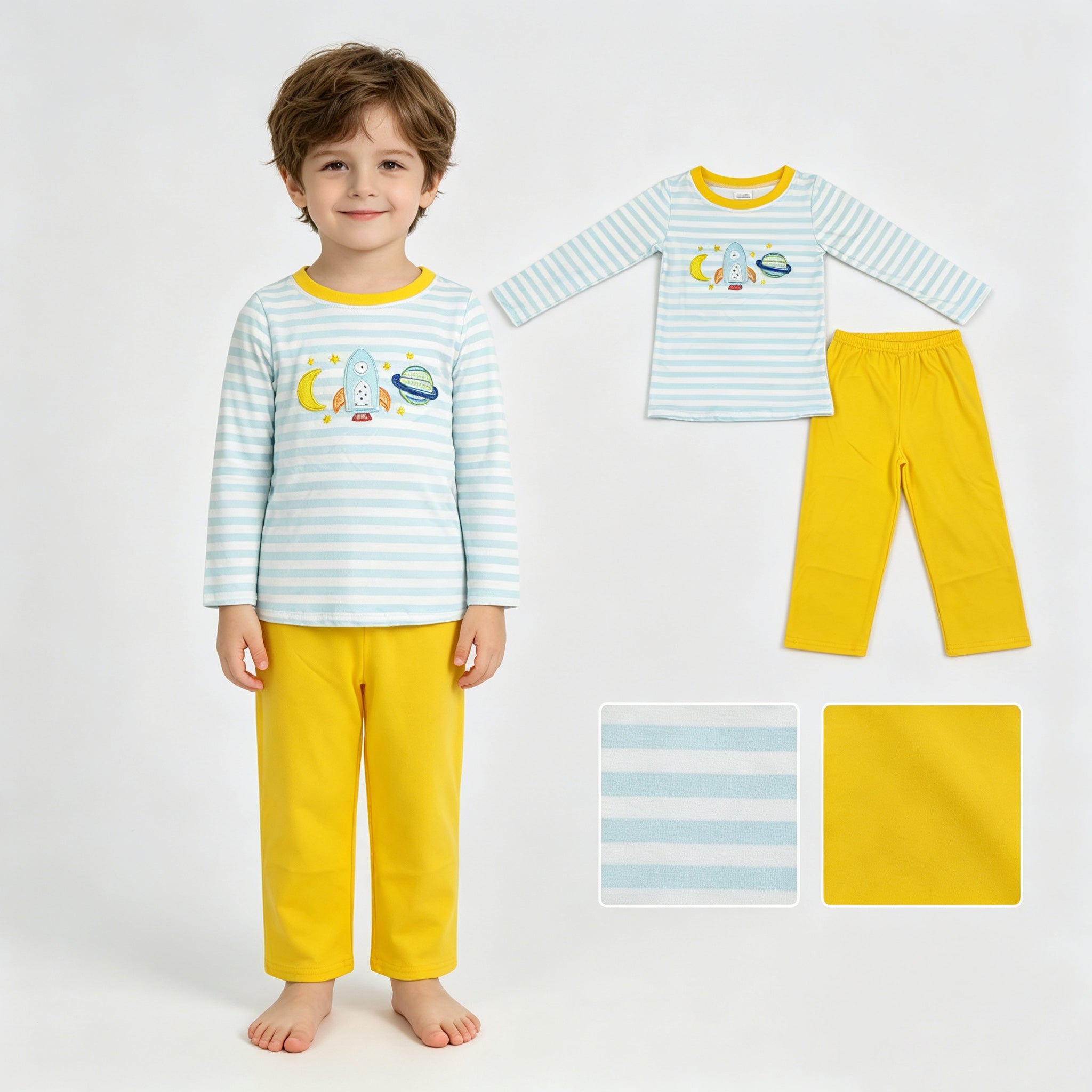 Stripe moon rocket embroidery top pants boys outfits