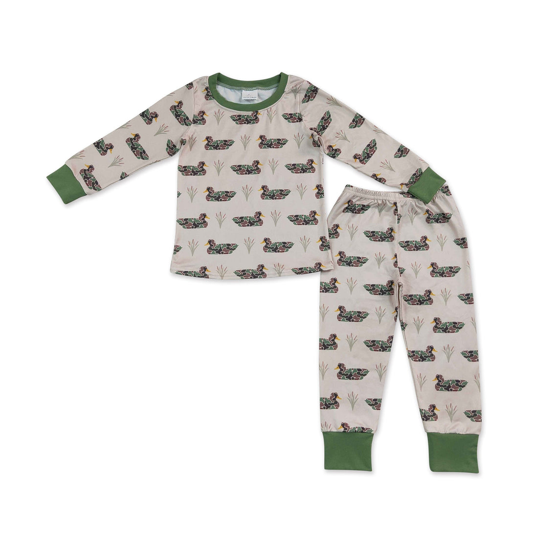 Kids boys long sleeve camo duck print pajamas set with top and pants from Mini Rodeo, comfortable and stylish for bedtime.