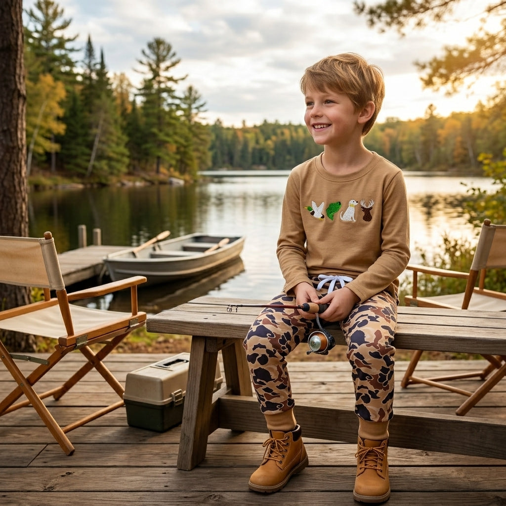 Duck fish dog deer embroidery camo kids boys outfits