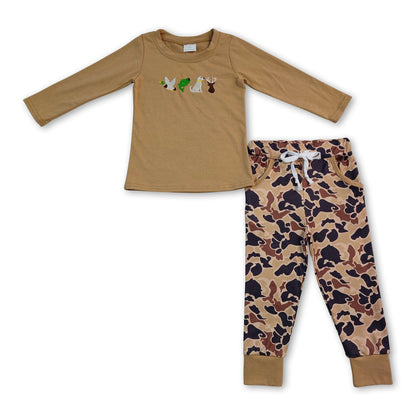 Duck fish dog deer embroidery camo kids boys outfits