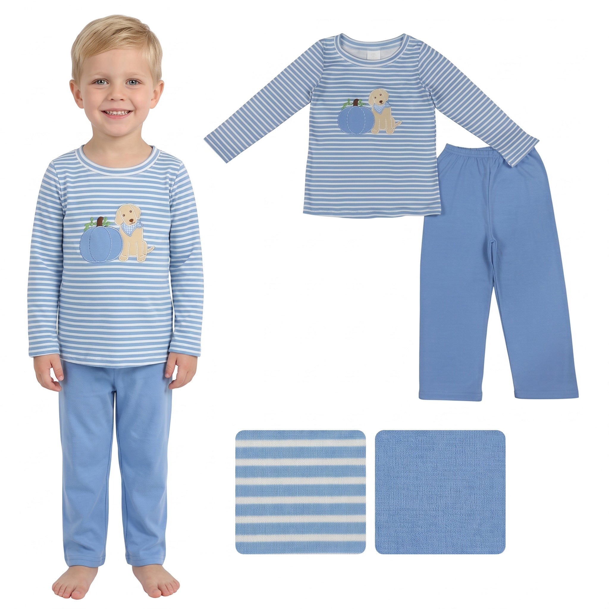 Stripe dog pumpkin embroidery boys fall clothes