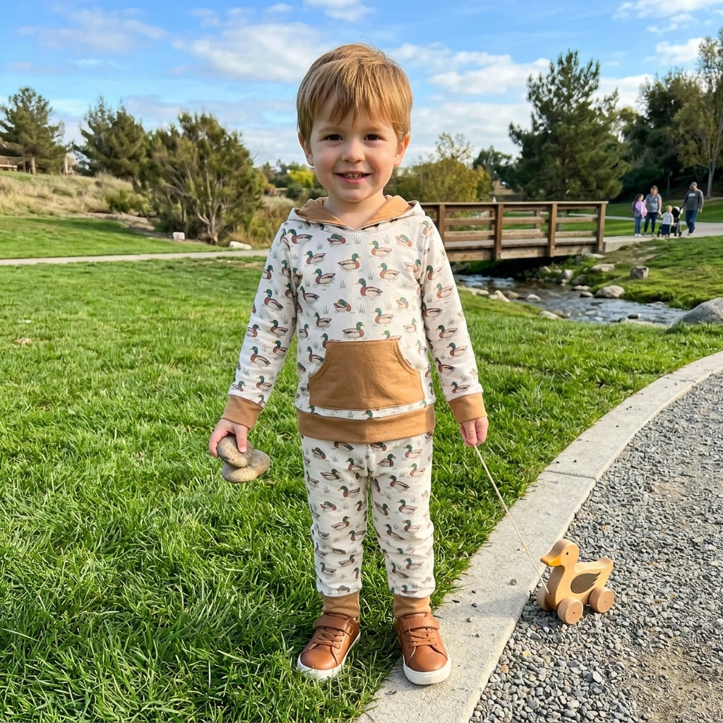 Long sleeves pocket duck hoodie pants boy hunting set