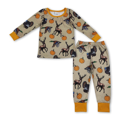 Long sleeves deer duck turkey pumpkin boy fall pajamas