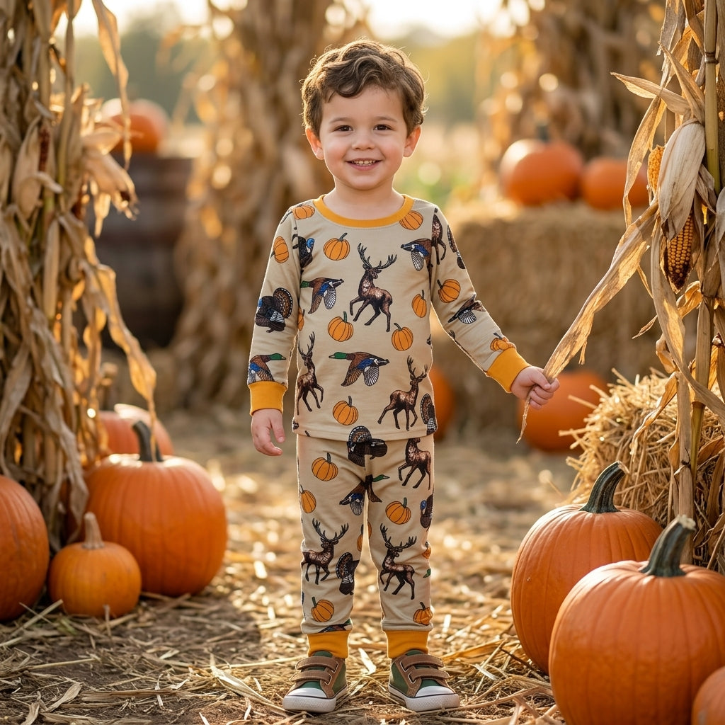 Long sleeves deer duck turkey pumpkin boy fall pajamas