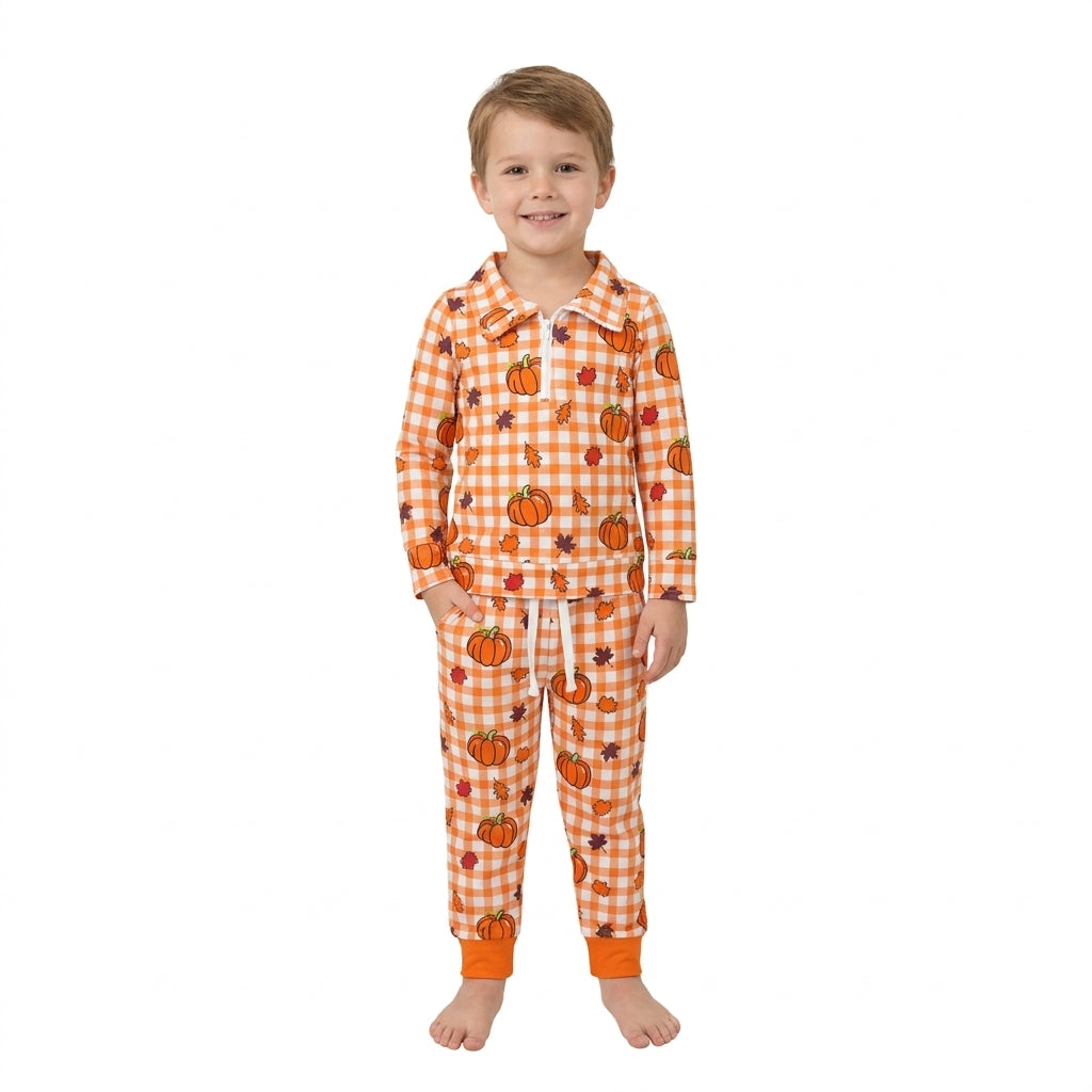 Plaid pumpkin leaves pullover pants kids boys fall outfits