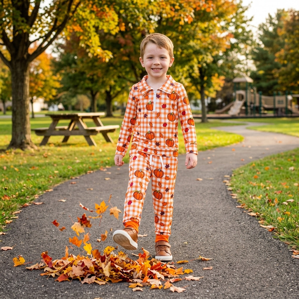 Plaid pumpkin leaves pullover pants kids boys fall outfits