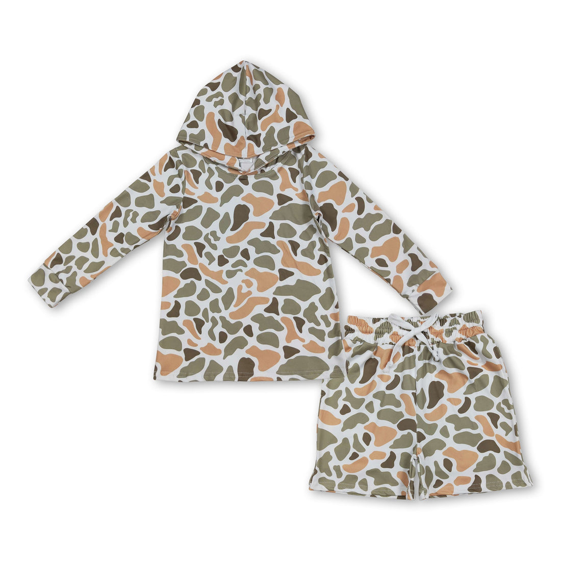 Green camo hoodie and shorts set for boys by Mini Rodeo, featuring long-sleeve top and casual pants for kids.