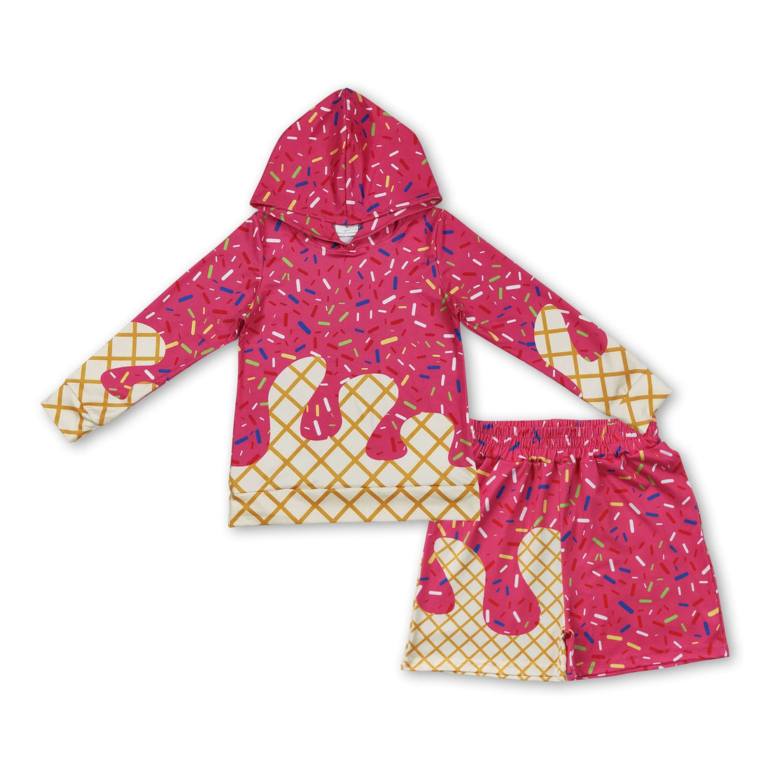 Mini Rodeo boy long sleeves hoodie and pants set with hot pink ice cream sprinkle design, perfect for kids&