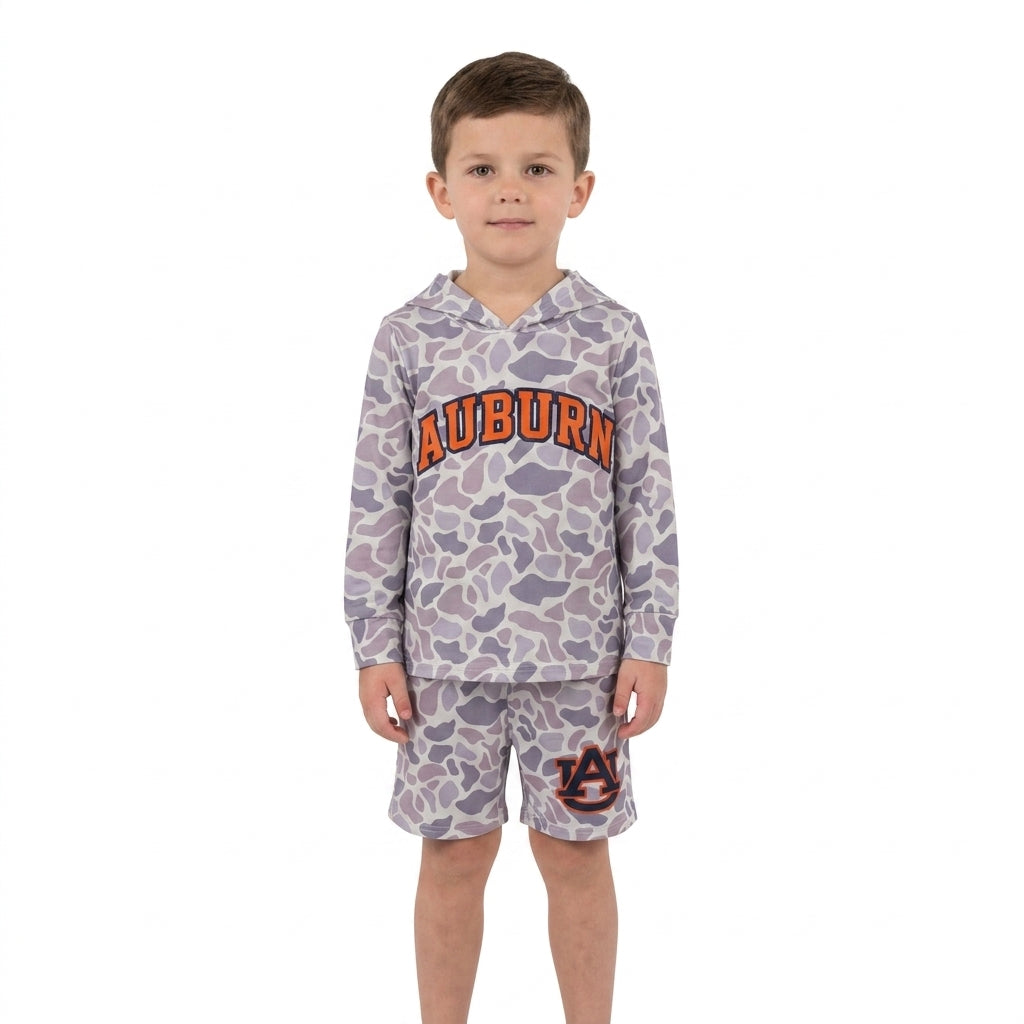 Long sleeves grey camo A U hoodie shorts boys team outfits