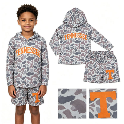 Long sleeves grey camo orange T hoodie shorts boys team outfits