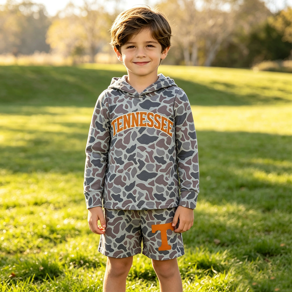 Long sleeves grey camo orange T hoodie shorts boys team outfits