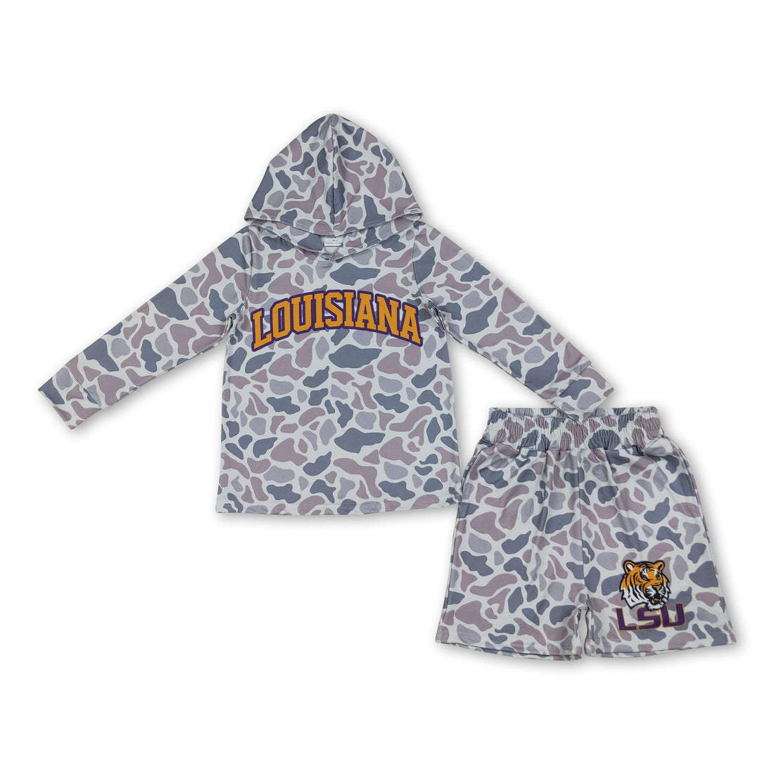 Long sleeves grey camo hoodie tiger shorts boys team outfits