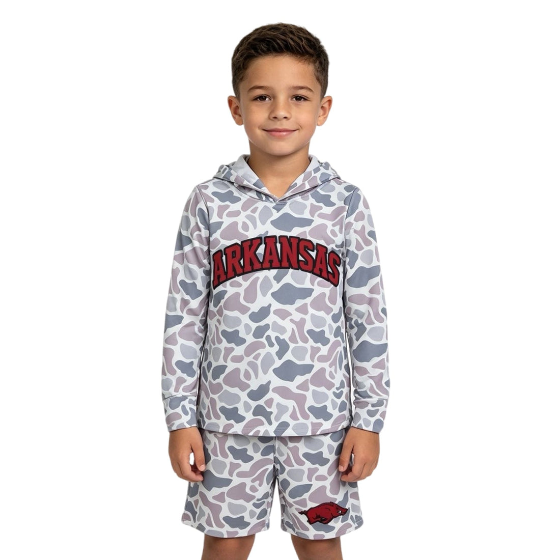 Long sleeves grey camo hoodie hog shorts boys team outfits