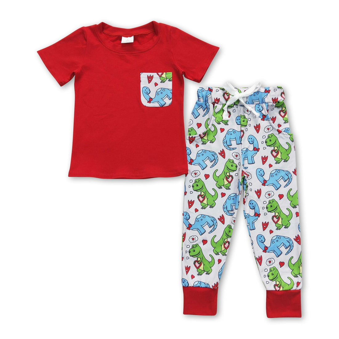Red pocket top dinosaur pants boy valentine&