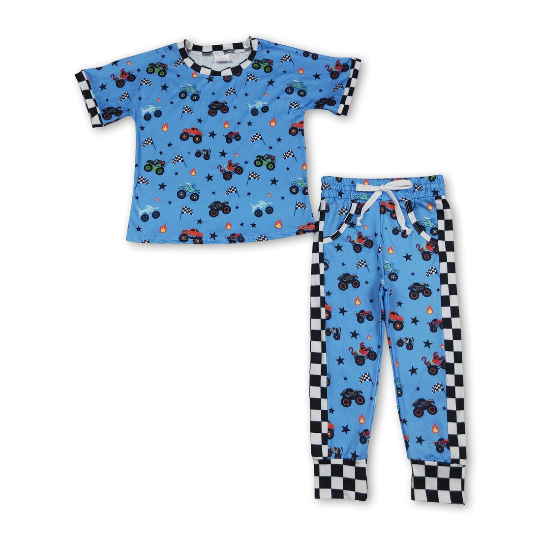 Boy wearing short sleeve truck flag top and pants from Mini Rodeo summer outfits, casual boys&