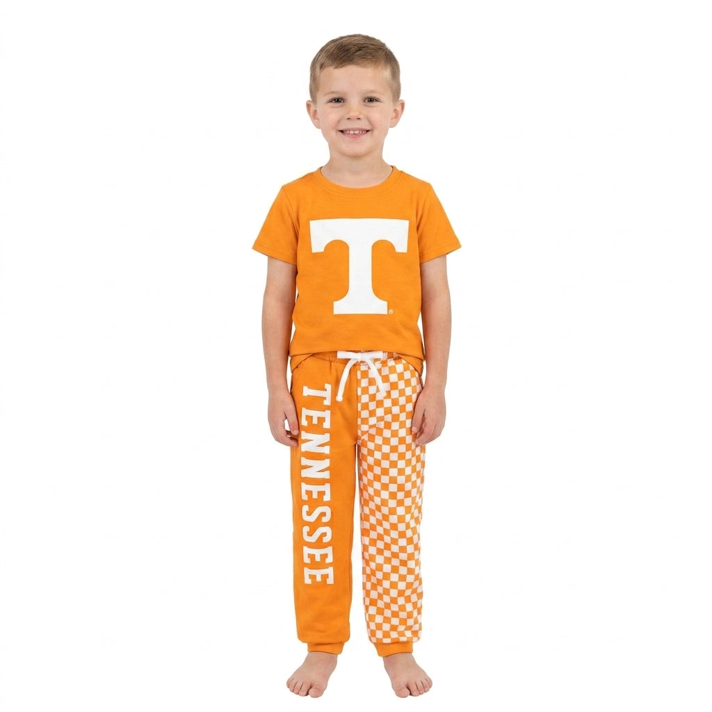 Short sleeves orange T top plaid pants kids boys team outfits