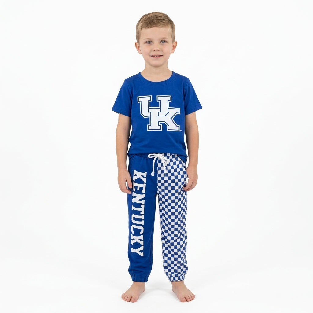 Short sleeves blue U K top plaid pants kids boys team outfits