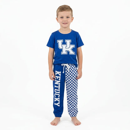 Short sleeves blue U K top plaid pants kids boys team outfits