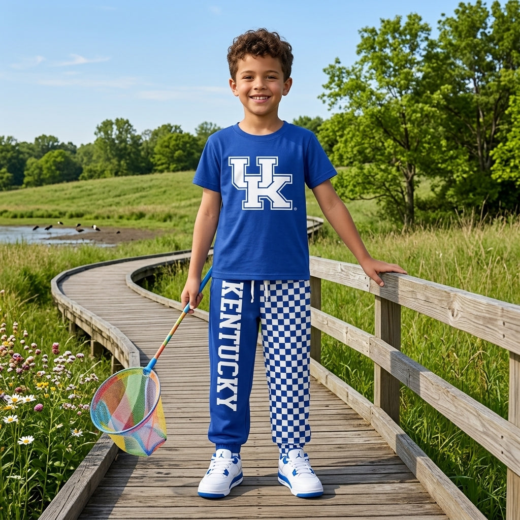 Short sleeves blue U K top plaid pants kids boys team outfits