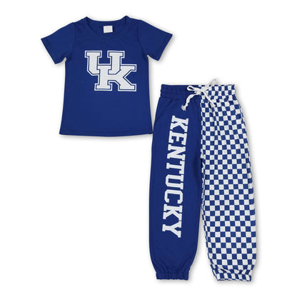 Short sleeves blue U K top plaid pants kids boys team outfits