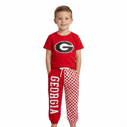 Short sleeves red G top plaid pants kids boys team outfits