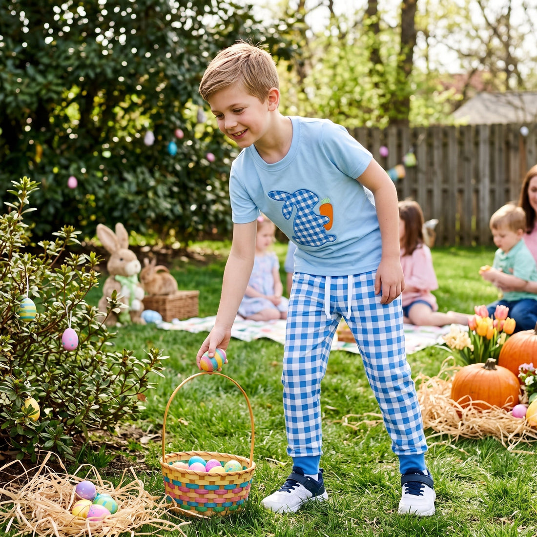 Plaid rabbit carrot embroidery top pants boys easter outfits