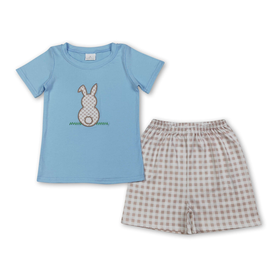 Mini Rodeo boy plaid shorts and bunny top kids Easter outfit, short-sleeves top with matching shorts for kids.