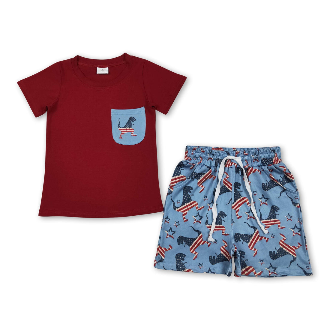 Red dinosaur pocket top and shorts set for boys from Mini Rodeo, perfect for 4th of July celebrations and summer wear.