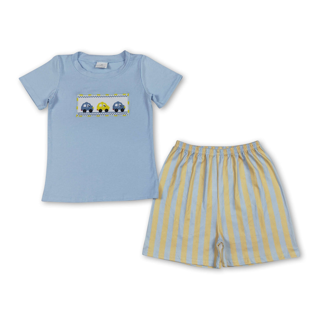 Mini Rodeo boys short sleeves top and stripe shorts set, casual summer clothing for boys, featuring a stylish top and matching shorts.
