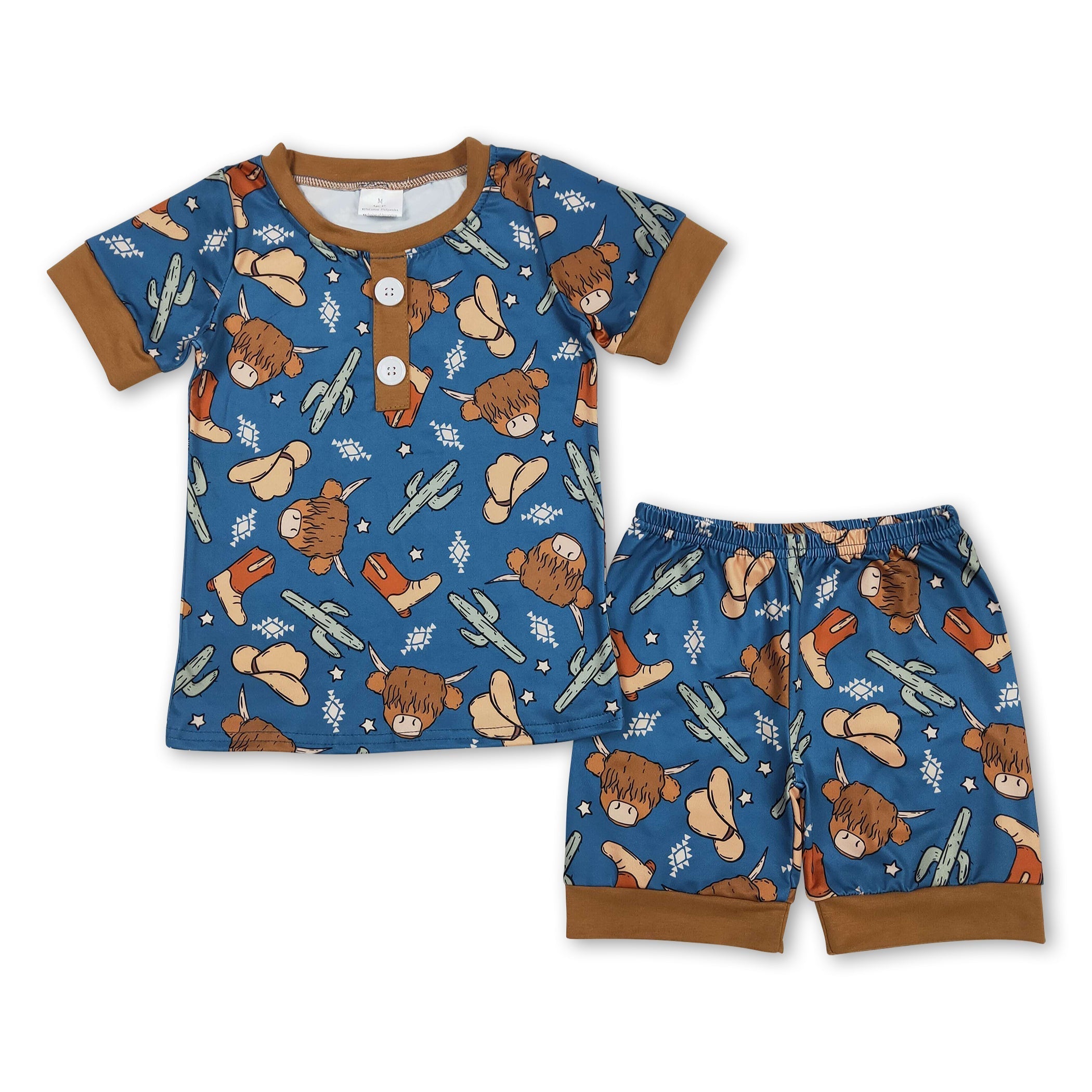 Short sleeves highland cow cactus kids boys pajamas