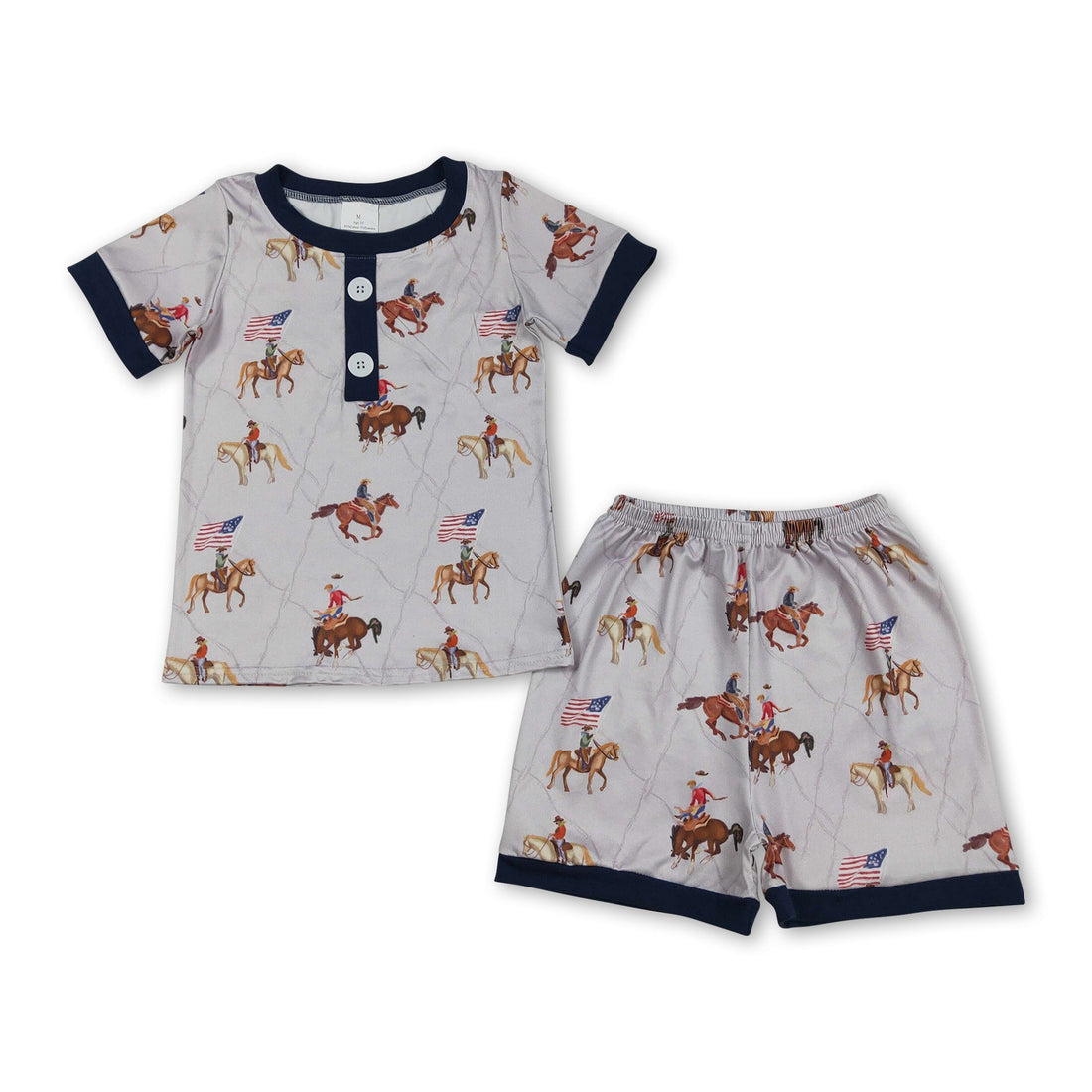 Kids boys short sleeves flag rodeo western pajamas set by Mini Rodeo, featuring a western-themed top and shorts for boys.