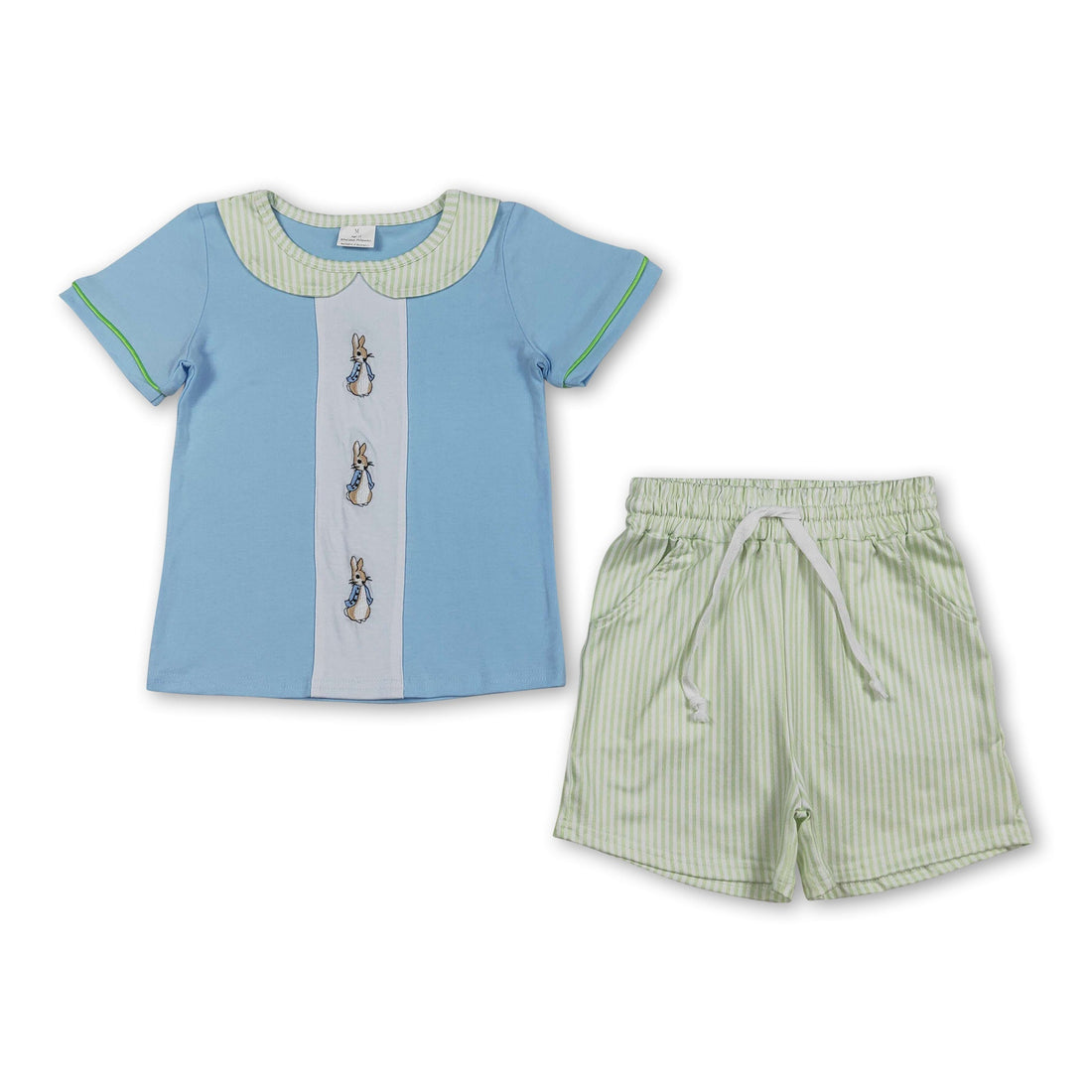 Sky blue rabbit kids boys short sleeve Easter set featuring a top and shorts by Mini Rodeo, perfect for spring celebrations.