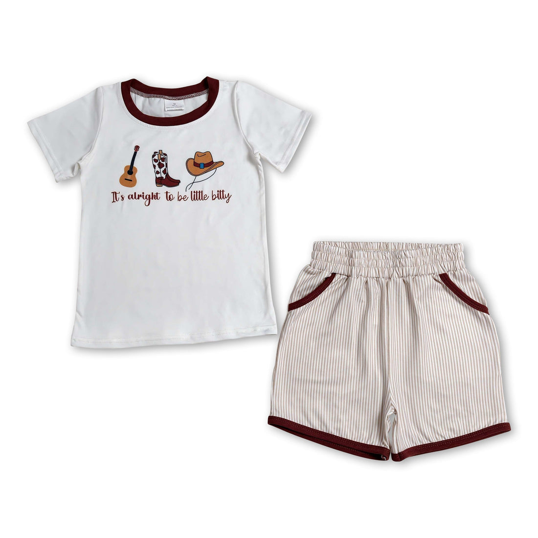 Mini Rodeo boy short sleeves top and stripe shorts set with western style, featuring a guitar and boots design on the outfit.