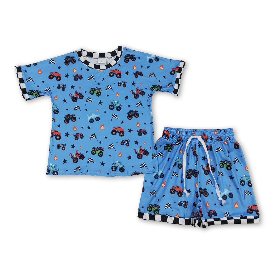 Mini Rodeo boys plaid short sleeve top and shorts summer outfit, featuring a flag design, perfect for kids&