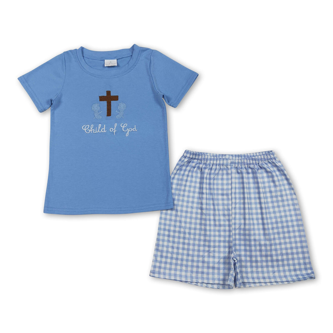 Mini Rodeo boys Easter outfits set with cross embroidery, short-sleeve top and shorts for children, child of God design.