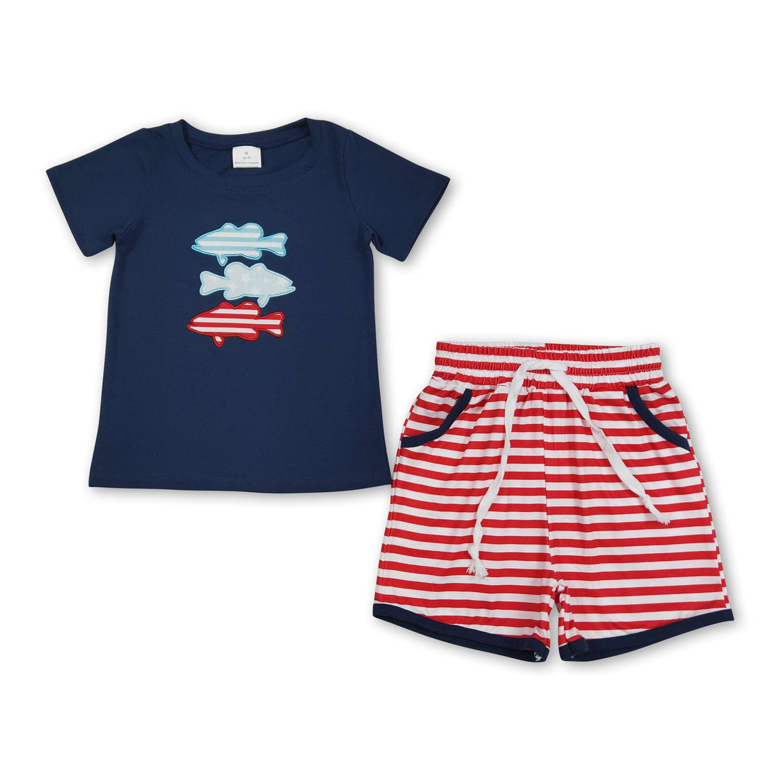 Mini Rodeo boys 4th of July outfit set with stripe stars fish embroidery, short sleeve top and shorts for kids.
