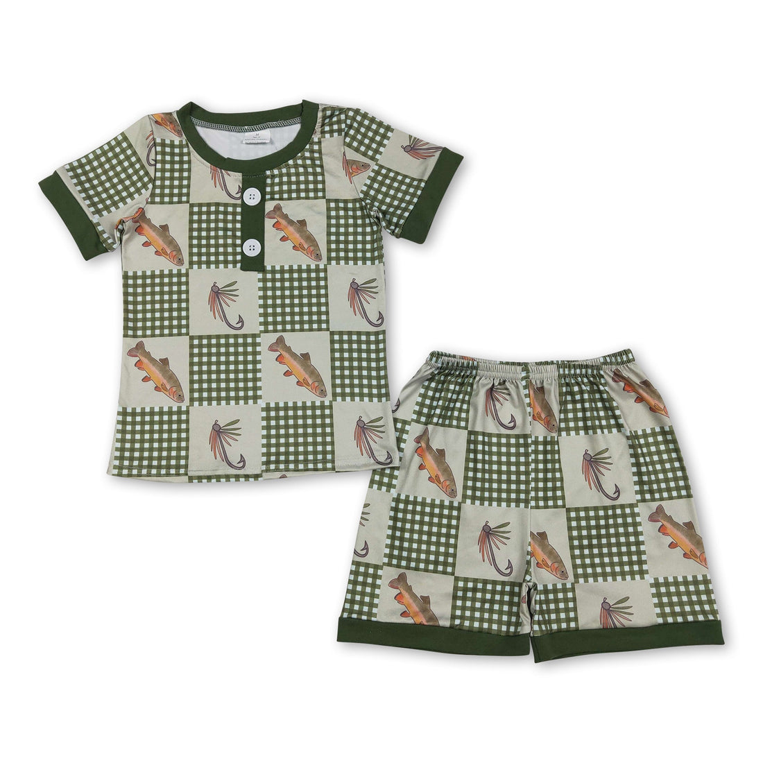 Mini Rodeo boys short sleeve plaid fish top and shorts set, casual kids&