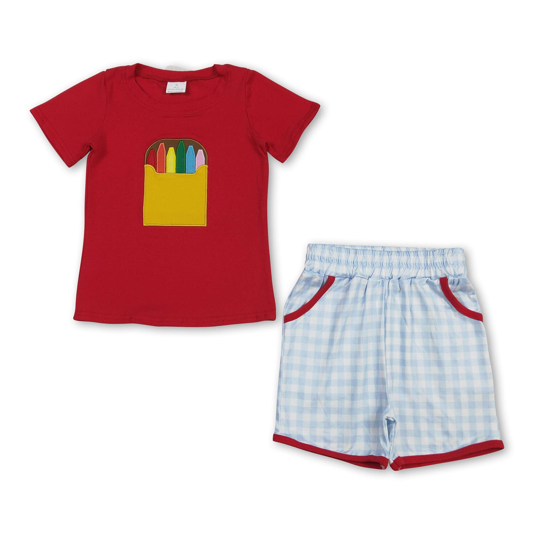 Mini Rodeo boys short sleeves top and shorts set with crayon embroidery, plaid design, perfect for back-to-school outfits.