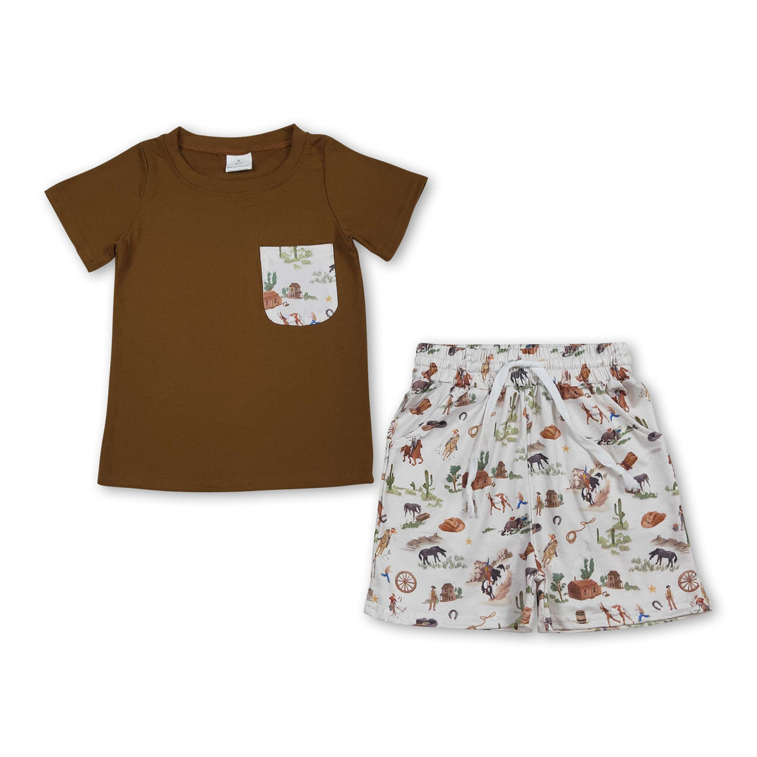 Boy short sleeves brown top and shorts set with pocket featuring rodeo cactus print by Mini Rodeo, perfect for casual summer wear.