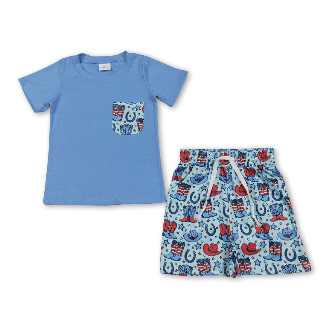Boy wearing Mini Rodeo 4th of July outfit with pocket top, shorts, and hat, perfect for summer holiday celebrations.