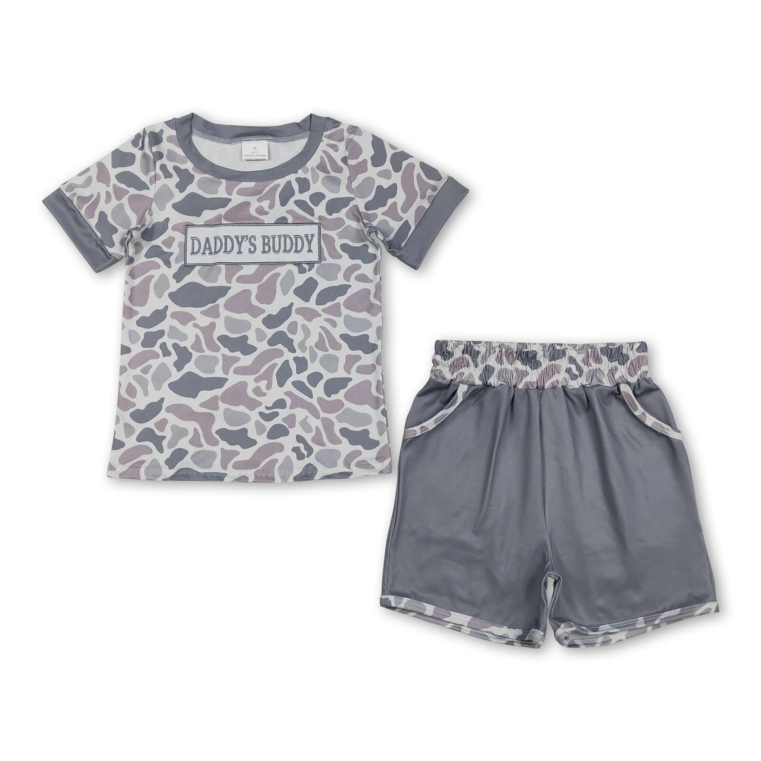 Mini Rodeo boys grey camo short sleeves top and shorts set, comfortable casual clothing for boys.
