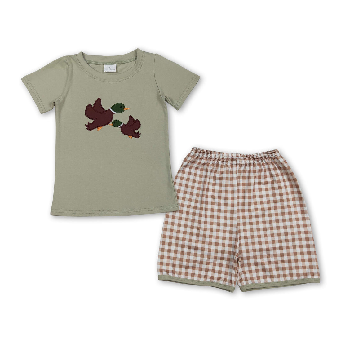 Boy short sleeves top with duck embroidery paired with plaid shorts, part of Mini Rodeo boys outfits set.