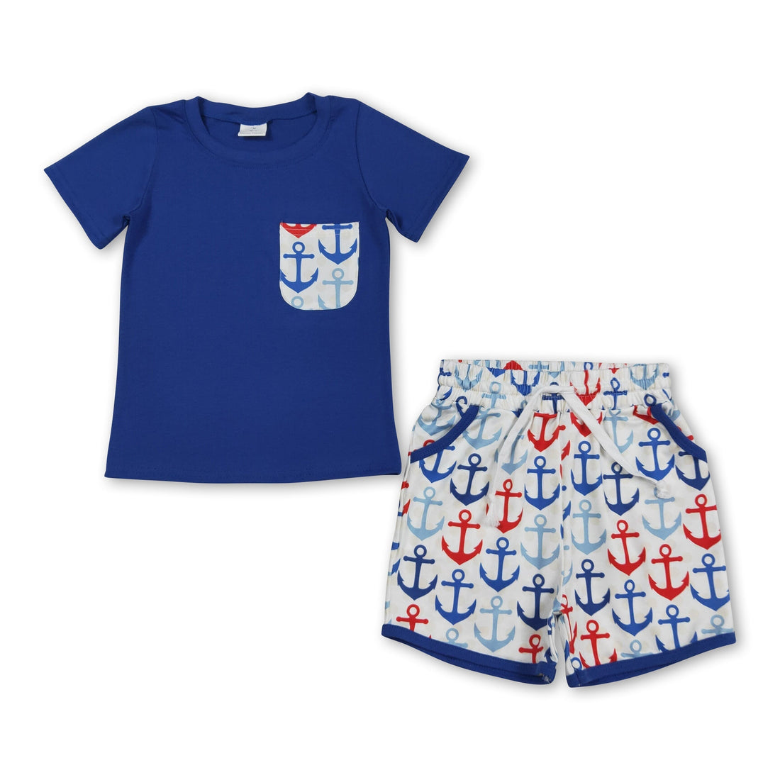 Mini Rodeo boys short sleeves anchor pocket 4th of July outfit set with a top and shorts, featuring patriotic nautical design.