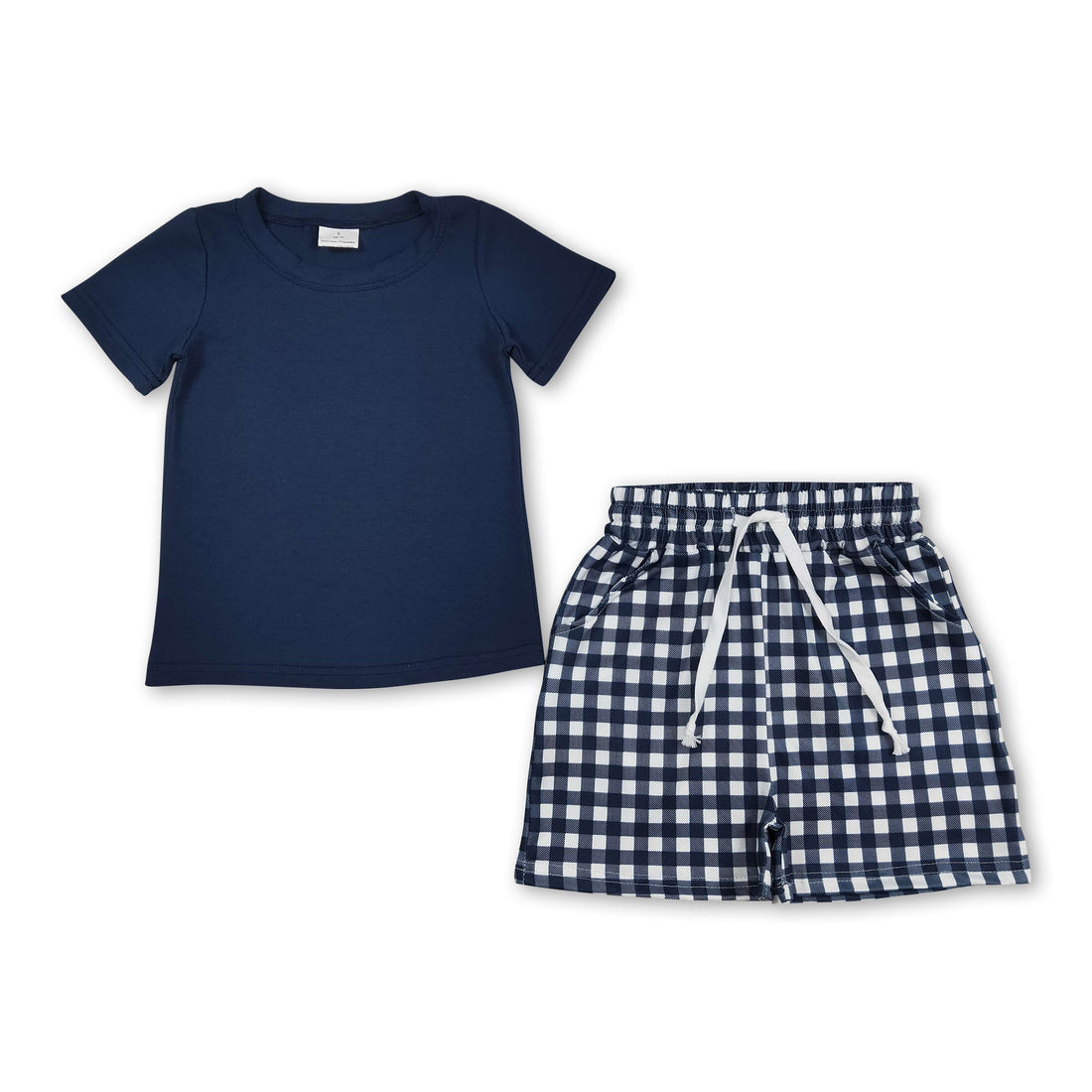 Mini Rodeo boys short sleeves navy cotton top with plaid shorts, casual outfit for boys, comfortable and stylish summer wear.