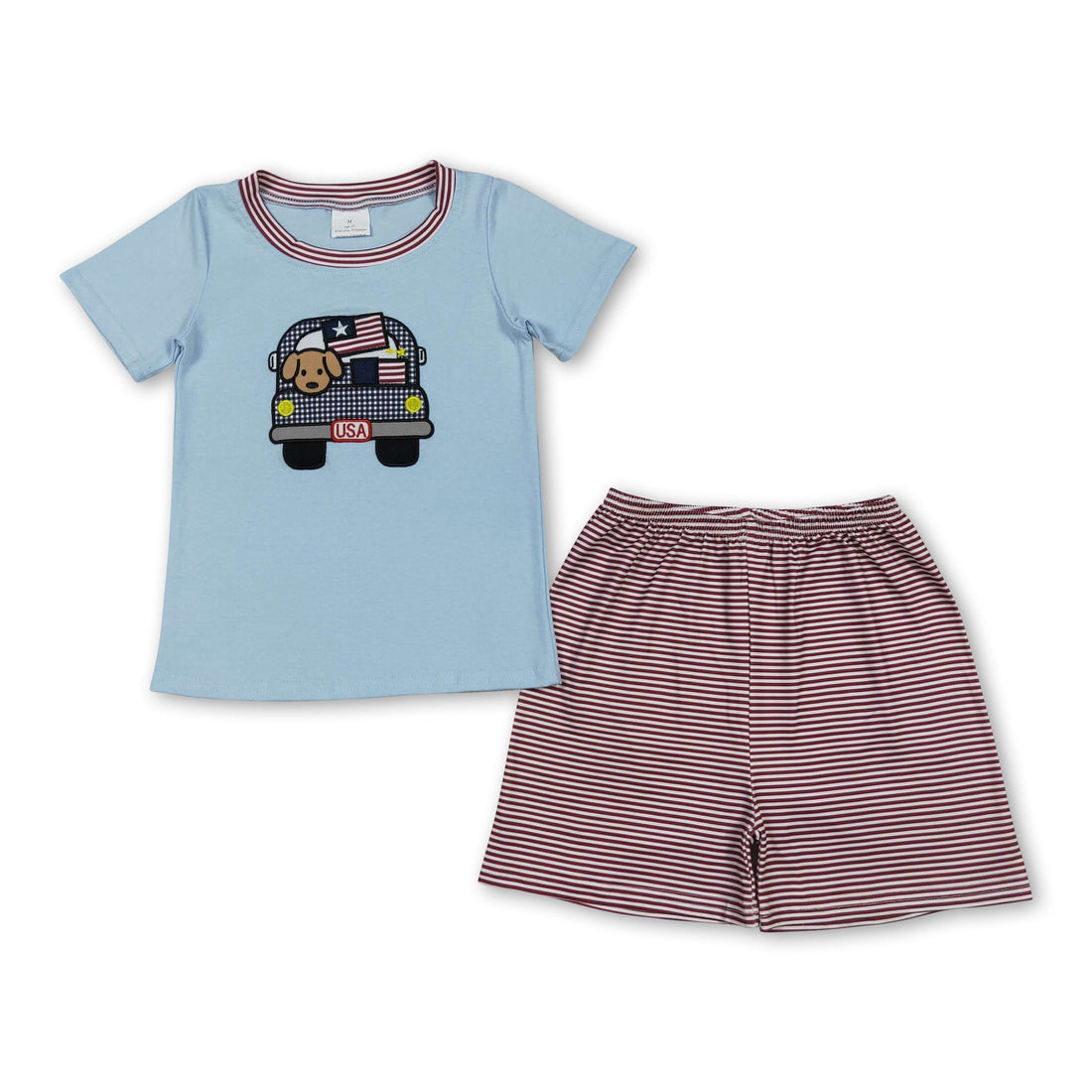 Mini Rodeo boy short sleeves top and shorts set with a dog flag truck embroidery, perfect for 4th of July kids&